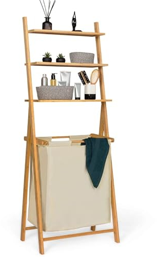 IDMarket - Cesta de lavandería con 2 bandejas de bambú Lana con estantes de tela cruda