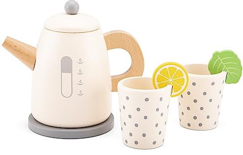 New Classic Toys - Kettle Set - Wooden Pretend Play Tea Set - Includes Kettle, Mint Leaf, Lemon Slice, Two Cups - Fun and Educational Toy for Kids