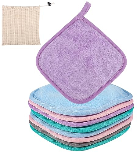 Hemiks 9 Stück Abschminktuch aus Mikrofaser, 15 x 15 cm Abschminkpads Waschbar Abschminktücher Waschbar, Wiederverwendbar Mikrofaser Gesichtsreinigungstuch mit Aufbewahrungstasche (Mehrfarbig)