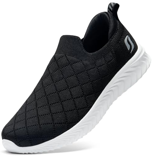 STQ Damens Sneakers Slip on Walkingschuhe Komfort Leichte Turnschuhe Bequeme Trainer Sportschuhe Schwarz Weiß 36 EU