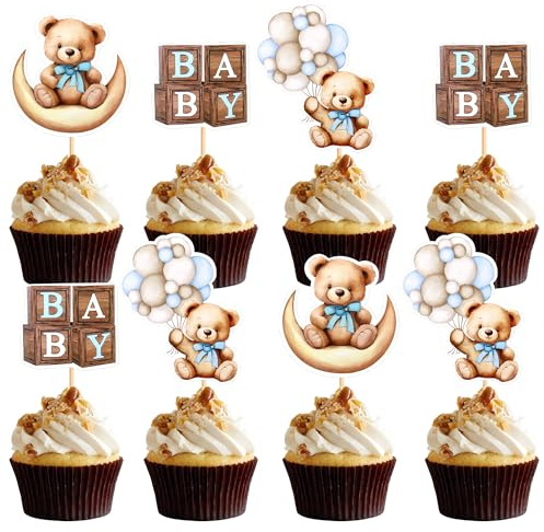 Blumomon 36Pcs Bear Cupcake Toppers Glitter Bear Head Baby Shower Cupcake Picks Kids Boys Girls Birthday Party Cake Decorations Supplies