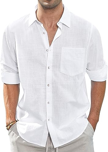 J.VER Chemise en lin pour homme - Manches longues - Coupe droite - Chemise de plage en coton - Chemise d'affaires - Chemise d'été décontractée, Blanc., M