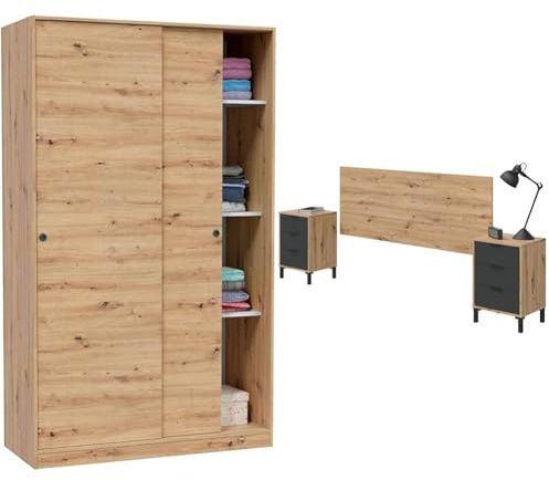 Habitdesign Armario Enzo Dormitorio Principal Habitación Juvenil 2 Puertas correderas Color Roble Nodi & Cabezal + 2 mesitas de Noche, Cabecero para Cama de Matrimonio, Modelo Enzo