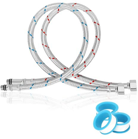 FINEASY 2 Stück Panzerschlauch 3/8 Zoll mit 3 Rollen Teflonband, Edelstahl Wasserhahn Schlauch 60cm, Anschlussschlauch Armatur G3/8 x M10, Flexschlauch Verlängerung für Küche und Bad