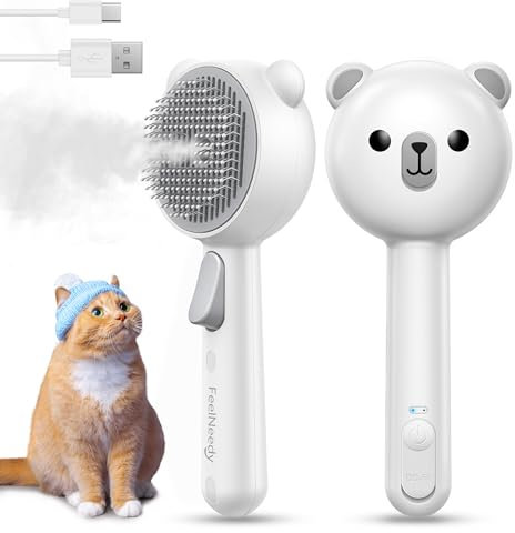 FEELNEEDY Katzenbürste mit Dampf, Furminator Katze mit Auslöseknopf Wassertank, Dampfbürste Katze für Langhaar/Kurzhaar Hunde Katz, USB aufladbar, Zwei-Geschwindigkeits-Sprühfunktion