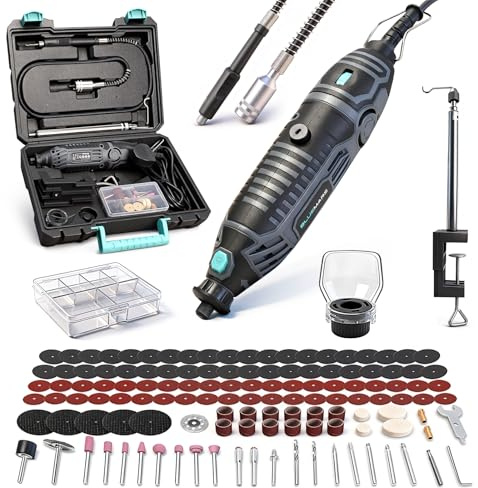 Bluemars Ensemble d'outils multifonctions rotatifs de 200 W, 6 vitesses variables, 129 accessoires inclus, mandrin sans clé et arbre flexible, meuleuse, perçage, gravure, coupe, polissage pour projets