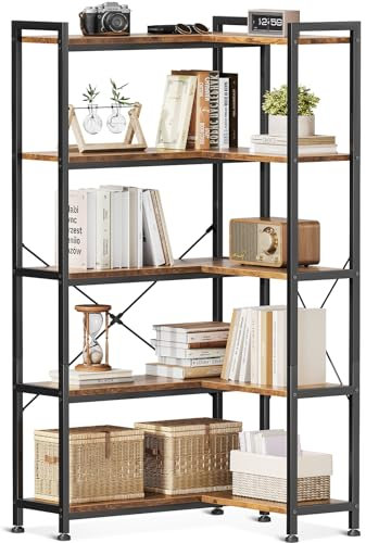 Coleshome Libreria Angolare a 5 Ripiani, Scaffale Angolare a Forma di L Scaffale Salvaspazio, Libreria Alta per Soggiorno Ufficio Casa Camera da Letto, Marrone, 72.8 x 65.3 x 145.5