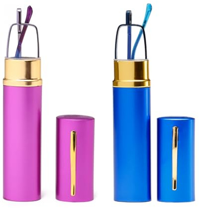 OWTXIS Lunettes de lecture bloquant la lumière bleue - lecteurs de poche minces avec étui à clip pour stylo mini lecteurs légers (Bleu, Violet, +1.75)