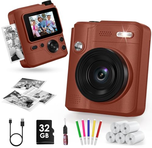 Gofunly Appareil Photo Instantané Enfants, 1080P Appareil Photo Numérique Enfant & Caméra Vidéo, Carte 32GB & 5 Rouleaux Papier d'impression, Cadeaux pour Garçons & Filles de 3-12 Ans(Brun)