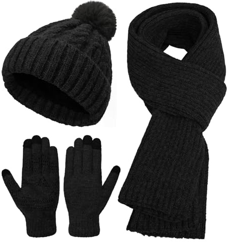 TAGVO Caldo 3 Pezzi Set di Sciarpa Guanti Cappelli Donna, Spessa Set Inverno Berretto Pompon in Maglia Guanti Touchscreen Sciarpa Lunga, Beanie Cappello con Pile Foderati all'Aria Aperta Donne Regalo