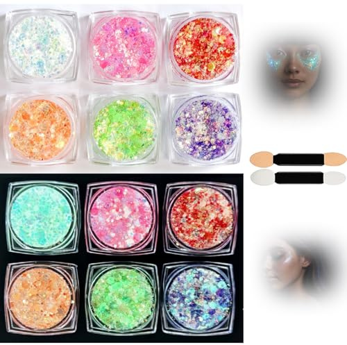 6 Colors Festival Face Glitter Gel, Hair & Body, Self-Adhesive Chunky Glitter Paint for Parties, Raves, Glow in The Dark, Neon & Luminous Effects for Dazzling Festival Looks (6 Colours Lume Glow)