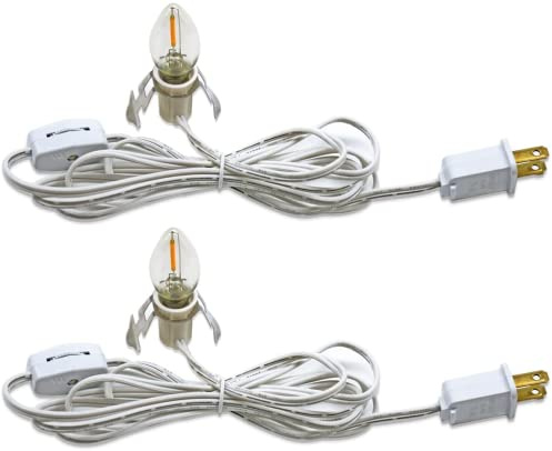 KGC C7 Accessory Cord with 2 C7 Led Light Bulb Candelabra-Base E12 Socket, White Cord with On/Off Switch Plugs for Holiday Decorations, Christmas Village House, Pumpkin Lights