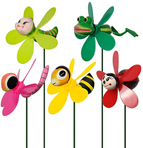 5-Pack 3D Insect Wind Spinners for Yard and Garden - Colorful Spring-Loaded Pinwheels - Bee, Dragonfly, Frog, Ladybug Whirligigs - Decorative Outdoor Yard Art for Lawn, Patio & Potted Plants