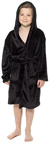 Strong Souls Boys Dressing Gown Soft Fleece Hooded Robe Kids Bathrobe for Teenagers Housecoat Loungewear Black 13 Years