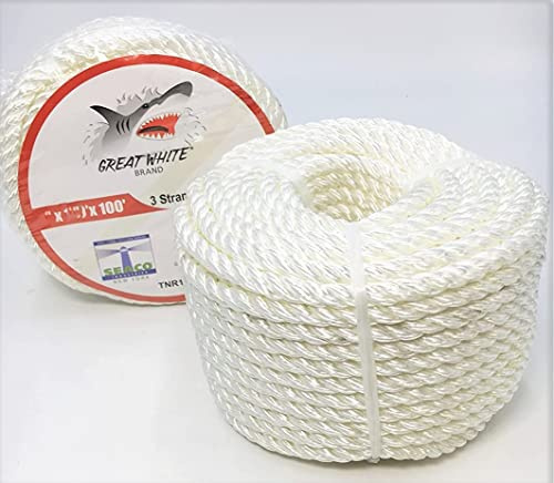 3-Strand Twisted Nylon Synthetic Rope, 1/4 x 100 feet, Multipurpose, Lightweight, Weather-Resistant Cord for Outdoor/Indoor Use and DIY Projects, Great White Brands
