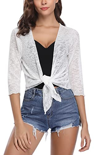 Gyabnw Bolero Cardigans for Women Summer Short Sleeve Cardigans Tie Front Shrugs Lightweight Jacket for Wedding Dress