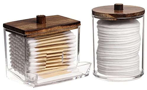 Tbestmax Qtips Holder Bathroom Container with Brown Wood Lids, 10/7 OZ Cotton Ball/Swabs Dispenser, Apothecary Organizer Jar for Storage 2 Pcs
