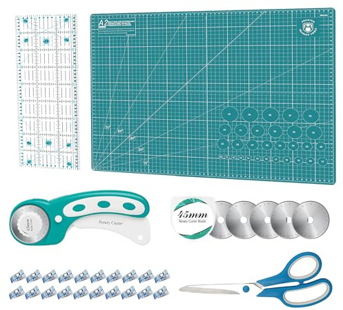 Juego de cortadores giratorios – Kit de acolchado incluye cortador de tela de 45 mm, 5 cuchillas giratorias adicionales, alfombrilla de corte autorreparable A2, regla acrílica y clips de costura