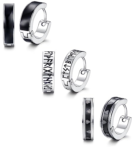 Adramata 3 Paare Wikinger Ohrringe für Männer und Frauen - Edelstahl Creolen, Nordische Rune Ohrstecker, Silber Schwarz Set, Innendurchmesser 9mm, A