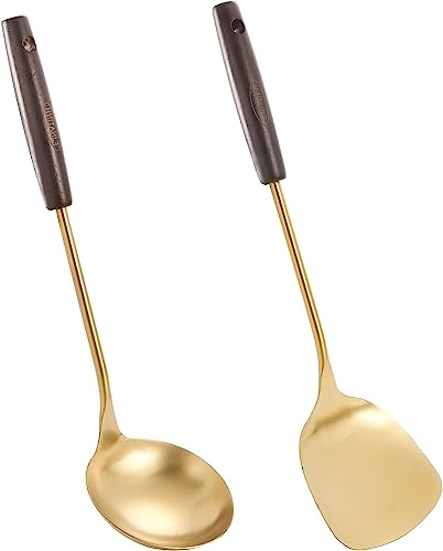 FJNATINH Wok Spatula und Schöpfkelle Wok Utensilien, 14-14.8 Zoll Wok Pfannenwender,Edelstahl Golden Wok Kelle Set