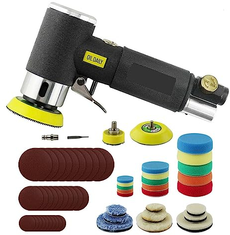 60Pcs Mini Air Sander Kit, Pneumatic Sander with 1” 2” 3” Backing Plates, Sanding Discs, Buffing Pads for Random Orbital Sanding Buffing Polishing