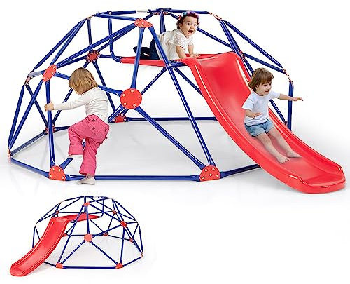 DREAMADE Dôme d'Escalade avec Toboggan pour 3-10 Ans, Plateforme en Tissu, Cadre Métallique, Échelle à Grimper Centre d'Activité, Aire de Jeu Intérieur&Extérieur, Charge 180 kg (Dôme + Toboggan Rouge)