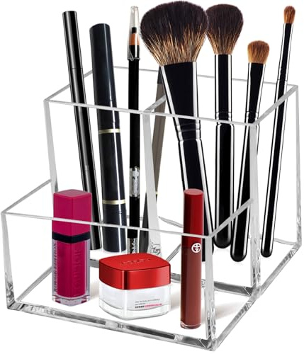 Cerpourt Clear Acrylic Makeup Brush Organizer,Multi-Purpose Cosmetic Brushes Storage Holder with 3 Slots,Pencil Pen Holder for Desk,Desk Organizer and Accessories for Vanity
