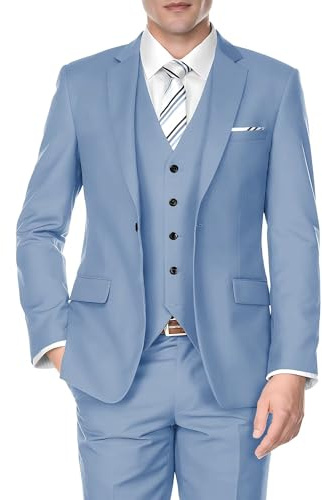 SPTALLFITJSV Costumes 3 pièces pour homme Coupe ajustée, Costume de mariage, soirée de remise des diplômes, travail - Veste à un bouton, gilet et pantalon de smoking, Bleu poussiéreux., XX-Small