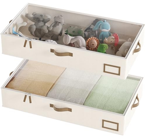 COYACOOL Under Bed Storage, Under Bed Storage Containers Bins for Clothes, Large Linen Underbed Closet Organization Bins, 2 Pack Collapsible Underbed Bin Dorm for Clothes, Sweater, Beige