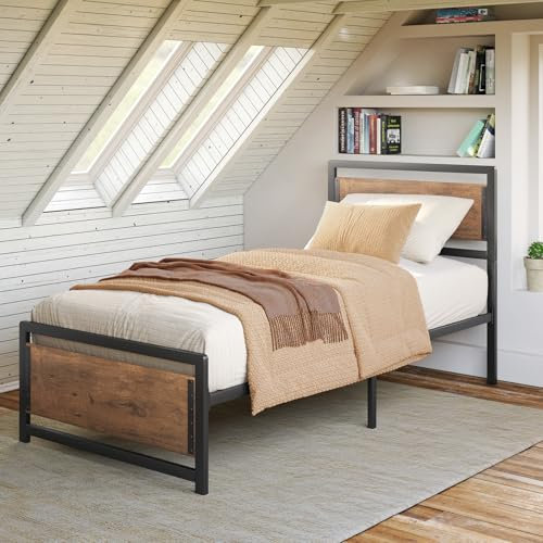 Bealife Plattformbett 90 x 200 cm, Metallrahmenbett 35 cm hoch, Bett mit Holz- und Metallrahmenunterstützung, geräuscharm, robust (Retro, 90x200cm)