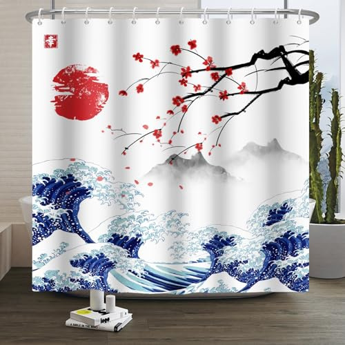 Xiaoterna Tenda da doccia con pittura tradizionale giapponese Kanagawa Grande Onda Tenda da doccia Fiori di ciliegio rosso e sole paesaggio montano giapponese Tenda da bagno impermeabile 90x180cm