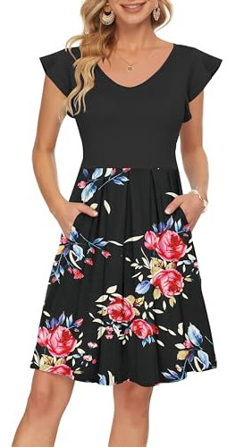 PLOKNRD Summer Midi Dresses for Women UK V-Neck Ruffle Short Sleeve Ladies Dress with Pockets Casual Knee Length Beach Coverup Dress(Rose Black,L)