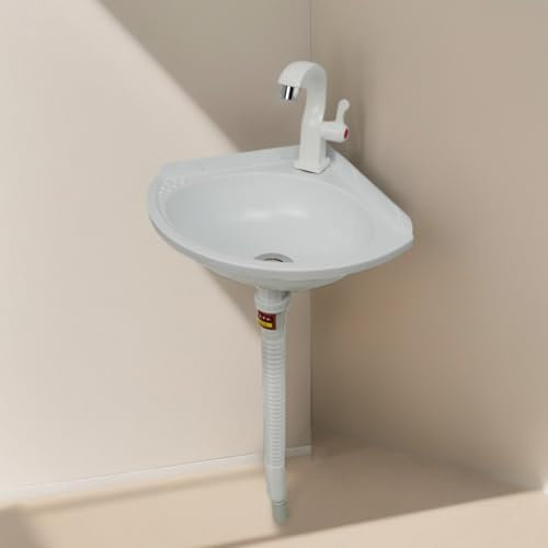 Lavabo de Esquina para Pared, 27,5 x 27,5 x 10 cm, con Grifo y Desagüe, Triangular, Blanco