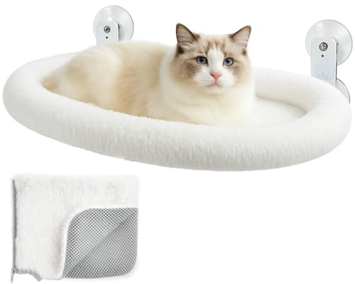 TOFI PETS Hamaca Gato Ventana con Cojín + Funda Manta para Gatos + Montaje Pared | Cama Ventana para Gatos pequeños y Grandes. Reversible Verano Invierno | Cama Gato Blanco