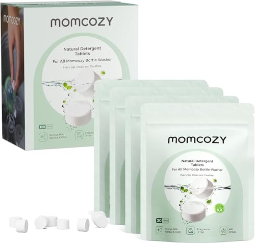 Momcozy Pastillas de lavado oficiales con ingredientes naturales, seguras y saludables, sin fragancias ni colorantes, aptas para limpiador de botellas/lavadoras de botellas, 120 pastillas