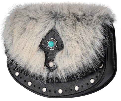 HiiFeuer Wikinger Gürteltasche mit Kunstpelz – Mittelalterliche Bauchtasche mit Türkisem Nordischem Design, Vintage Leder-Gürtelbeutel für LARP & Cosplay (Schwarz A)