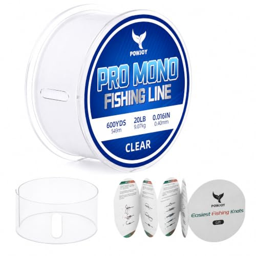 POWJOY 20lb Clear Monofilament Fishing Line 600Yds, No‑Tangle Snap Ring, Low-Stretch Nylon Mono String with Knot Guide, Invisible Underwater & Abrasion Resistant, Multi purpose for hanging decorations