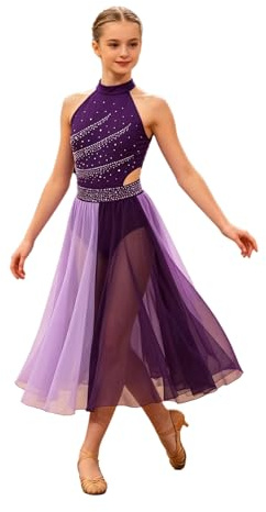 Freebily Vestito da Balletto Danza Lirica Contemporanea Bambina Abito Lungo da Pattinaggio Artistico con Strass Body Ginnastica Ritmica Costume da Ballo Latino Moderno Jazz Viola 15-16 Anni