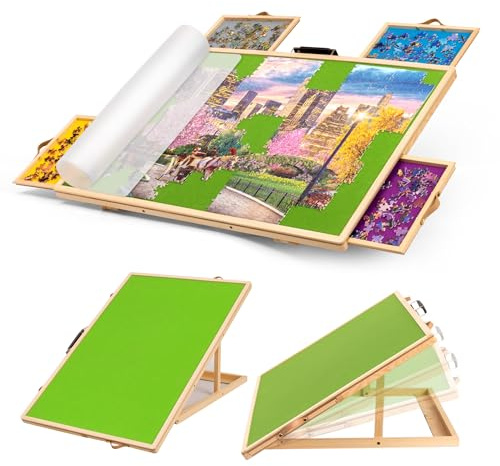 Tektalk Convertible Jigsaw Puzzle Board, Two-Way Use Adjustable Puzzle Table with Cover & 4 Colored Sorting Drawers, Tilting Wooden Plateau, for Up to 1000 Pieces - Green