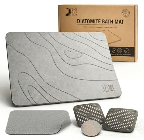 Alfombra Diatomita Baño 60×40cm – Secado en Segundos, Antideslizante y Ultra Absorbente | Alfombrilla Piedra Diatomita Antibacteriana | Incluye Filtro Quita Pelo + Lija | CAMBURVERDON®