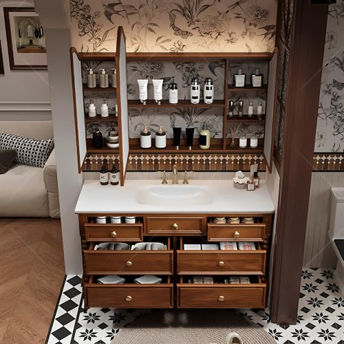 DUANHOZ Tocador de baño Moderno con Espejo antivaho Inteligente, Lavabo Individual de Suelo, Marco de Madera Maciza, Elegante solución de Almacenamiento (Espejo de 99 cm)
