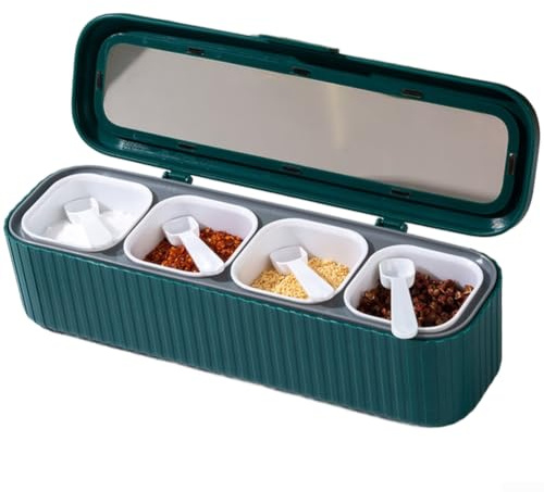 Kryddlåda med 4 fack lufttät med skedar – transparent kryddburk för kök – praktisk kryddbehållare organisatör – perfekt för matlagning och bakning – 27,5 x 7,5 x 8 cm blå rosa grön orange (D)