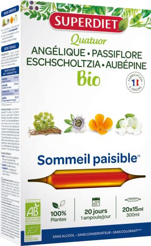 SUPERDIET- QUATUOR SOMMEIL PAISIBLE BIO - Passiflore, Eschscholtzia, Aubépine, Angélique - Fabrication Française - 20 ampoules de 10 ml
