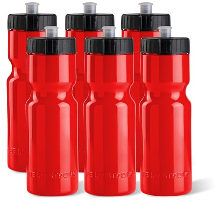 50 Strong Sports Squeeze Water Bottles - Set of 6 - Team Pack 22 oz. BPA Free Bottle Easy Open Push/Pull Cap - Multiple Colors Available (Red/Black)