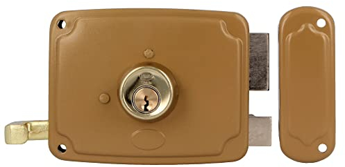 Amig - Serrure à jante Droite avec Levier de Fermeture, Languette et Poignée - Acier Doré - Mesure: 120 x 95 mm - Pour les portes d'entrée ou de passage en bois.