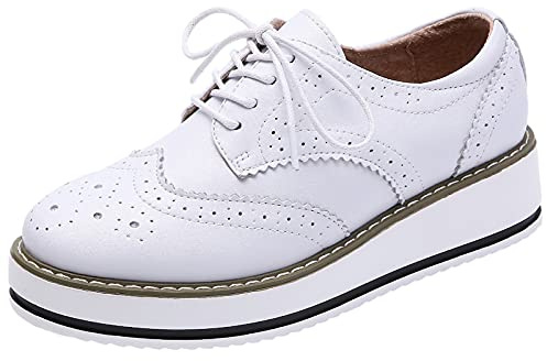 ANUFER kvinnors snörningsbrogues träningsskor skor vardaglig plattform creepers, vit matt, 38 EU