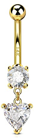CM Crareesi Mania 14K Gold Belly Rings for Women Dangle CZ Belly Button Rings 14K Solid Yellow Gold Belly Button Piercing Jewelry 14G Heart Navel Piercing Jewelry