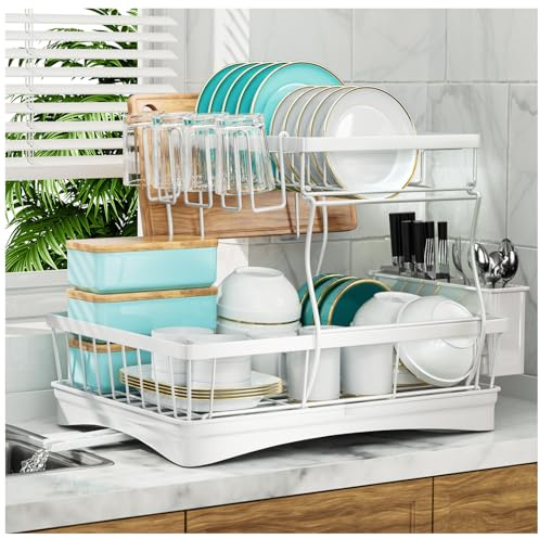 7 code 2-Tier Large Dish Drying Rack for Kitchen Counter, White