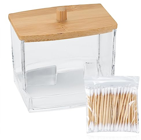 Wattestäbchen Behälter, Wattepadspender Aufbewahrung Hälter, Kosmetikpads/Ohrstäbchen/Make Up Organizer Behälter mit Bambus Deckel, für Badezimmer Schminktisch, mit 100 Wattestäbchen - Quadrat