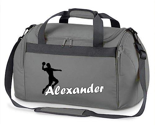 minimutz Sporttasche mit Namen Bedruckt für Kinder | Personalisierbar mit Motiv Handball | Reisetasche Duffle Bag für Mädchen und Jungen | Handballspieler Sport (grau)